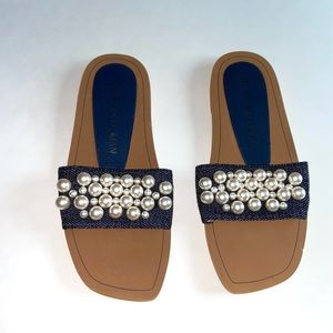 NEW Stuart Weitzman Sandals Goldie Slides Pearl Denim Indigo Sandals Women’s 9.5